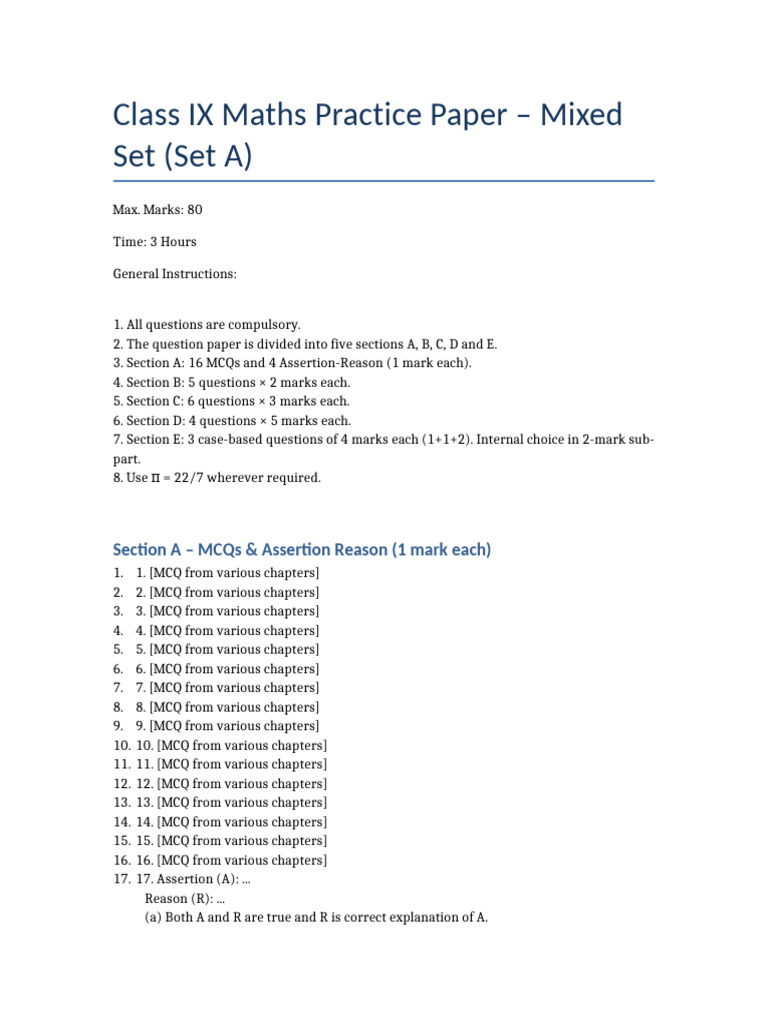 Class IX Maths Mixed Practice Paper | PDF | Multiple Choice | Chess Theory
