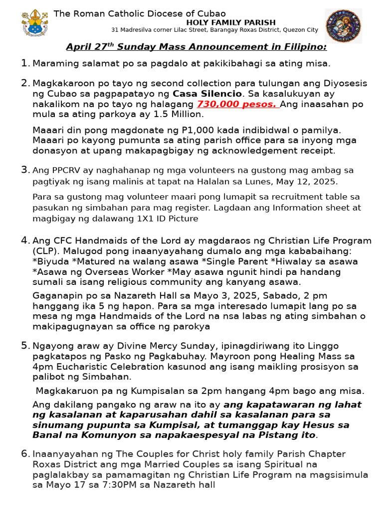 April 27 2025 Sunday Mass - Filipino | PDF