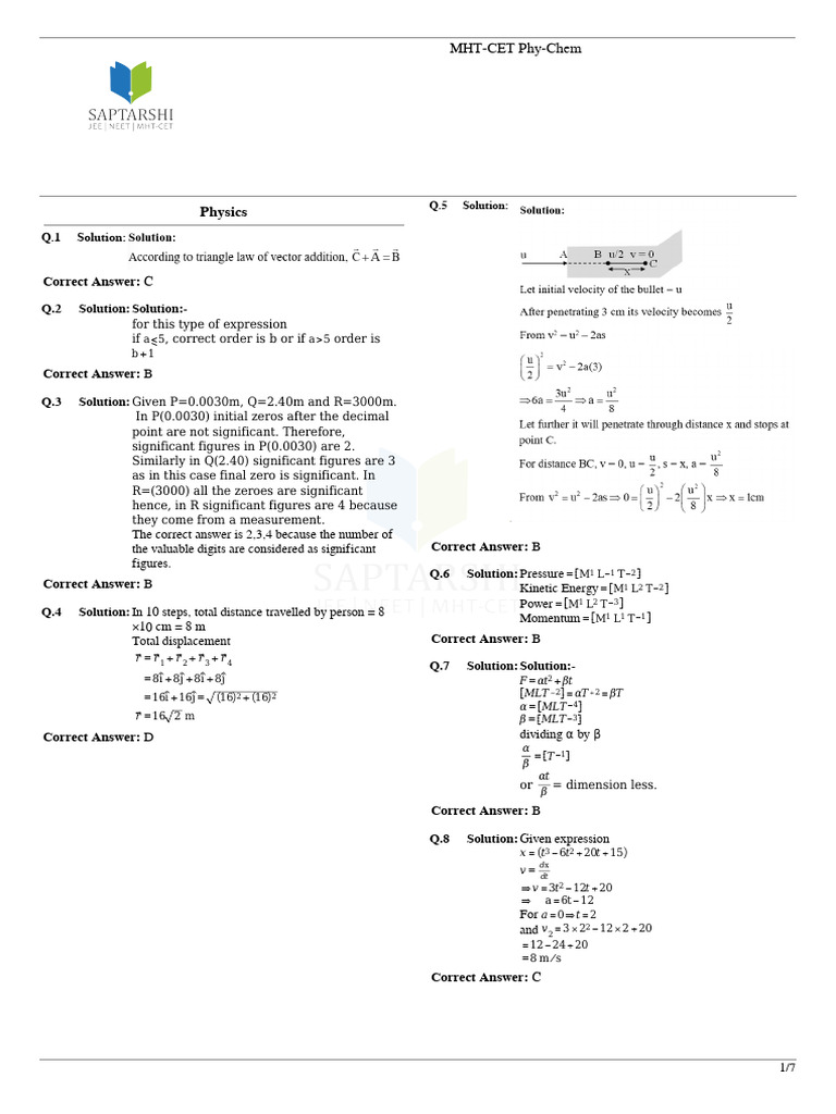 11th PC MHT-CET Major - Solutions 26 July | PDF | Mole (Unit) | Velocity