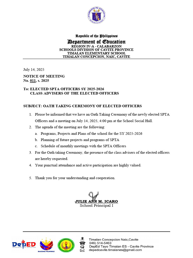 Oath Taking of SPTA Officers 2025-2026 | PDF