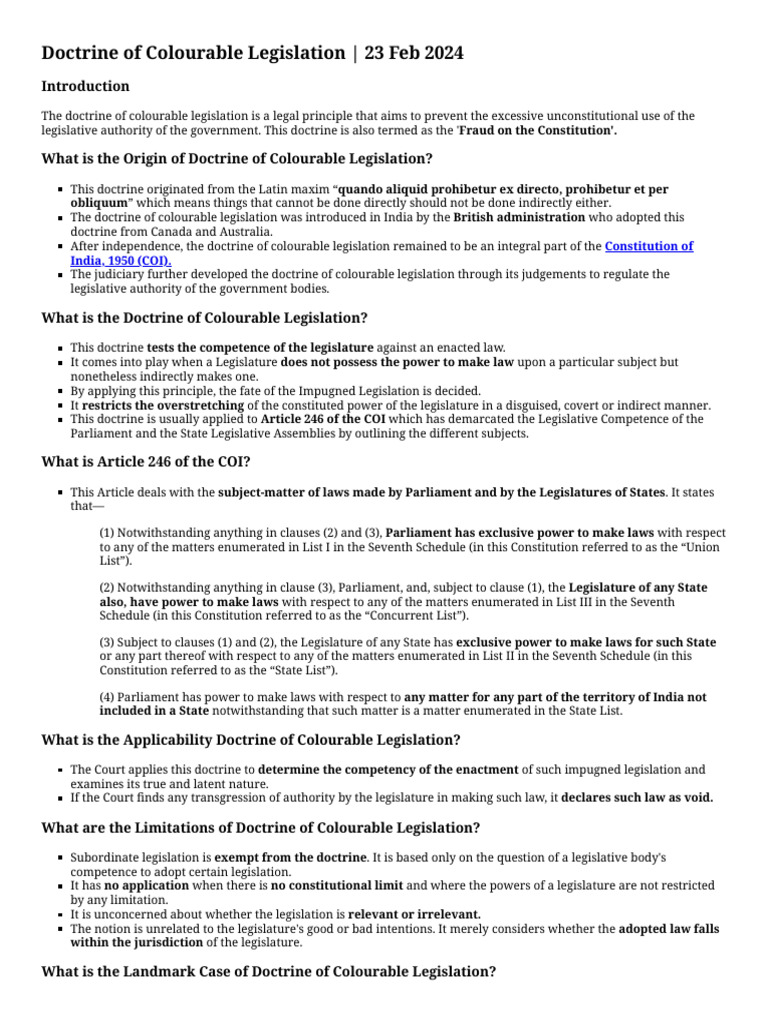 Doctrine of Colourable Legislation - 23 Feb 2024: Constitution of India ...