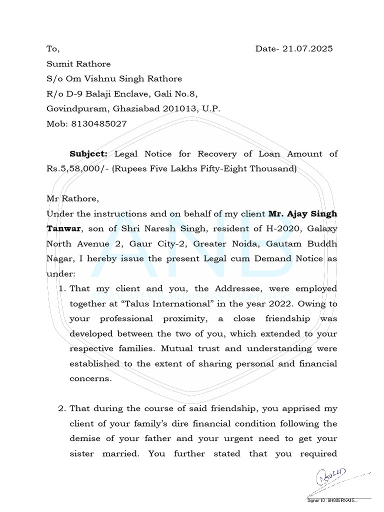Legal Notice For Recovery | PDF | Justice | Crime & Violence