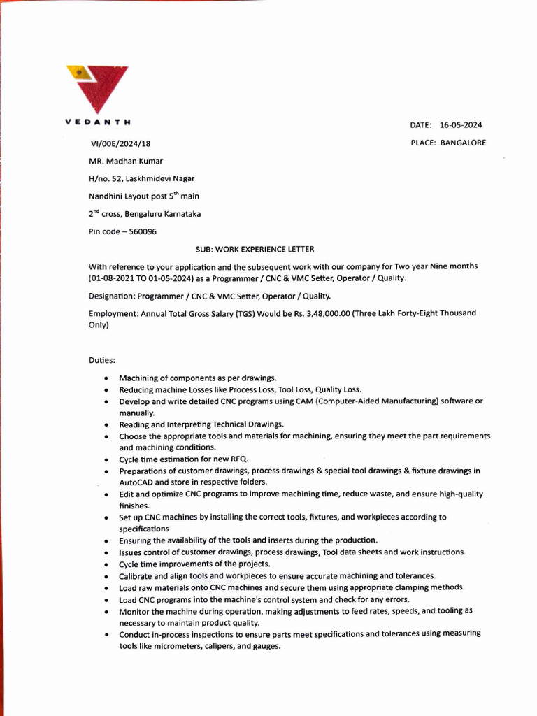 CNC Operator Experience Certificate | PDF | Computing