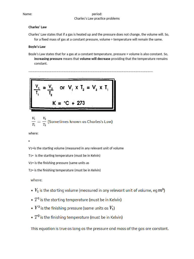 Charles's Law Practice Problems Worksheet | PDF