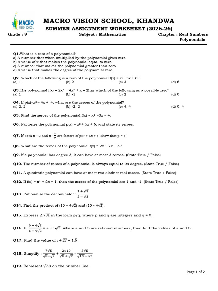 Grade 9 Math Summer Assignment: Polynomials | PDF | Factorization ...