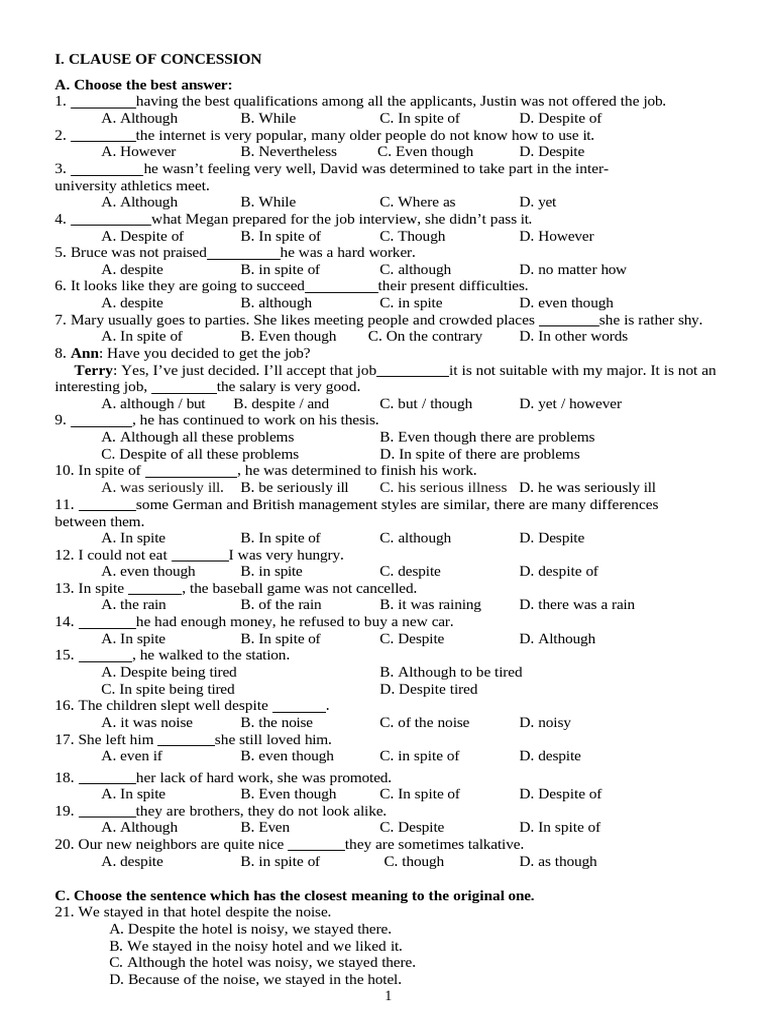 Concession and Reason Clauses Exercises | PDF