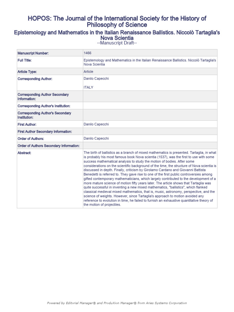 Epistemology and Mathematics in The Italian Renaissance Ballistics ...