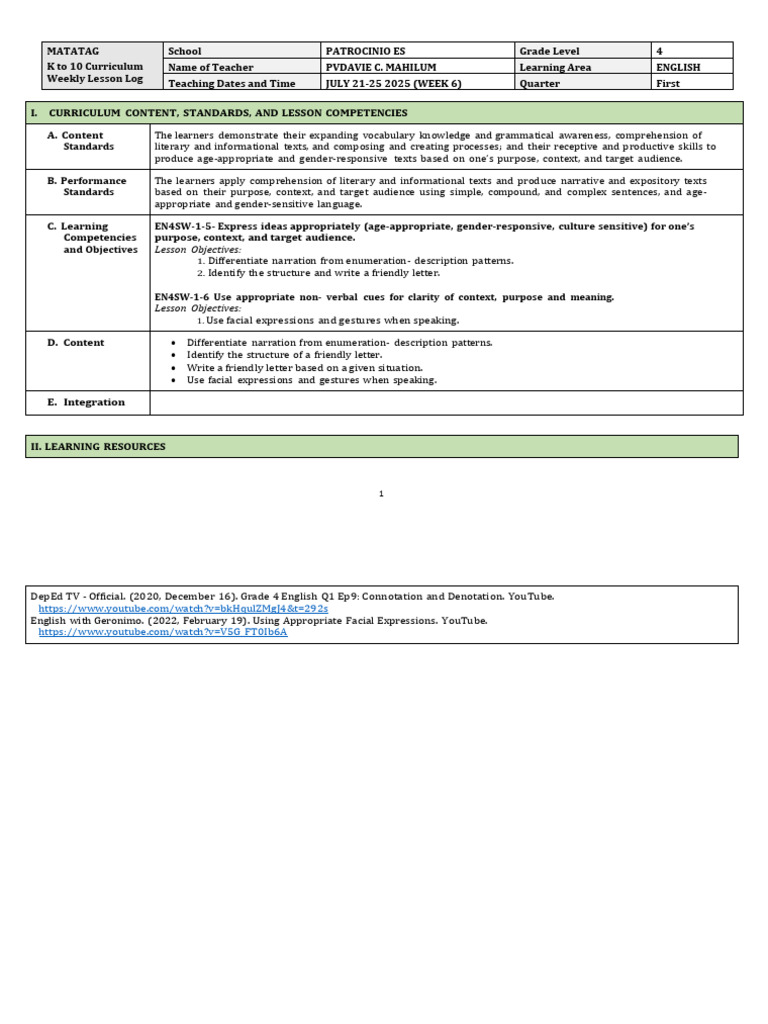Grade 4 English Weekly Lesson Plan | PDF | Reading Comprehension | Teachers