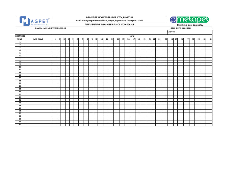 Preventive Maintenance Schedule MPPL | PDF