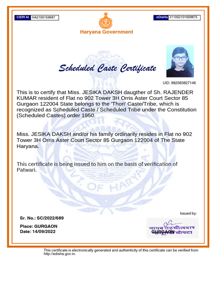 SC Caste Certificate for Miss. Jesika Daksh | PDF