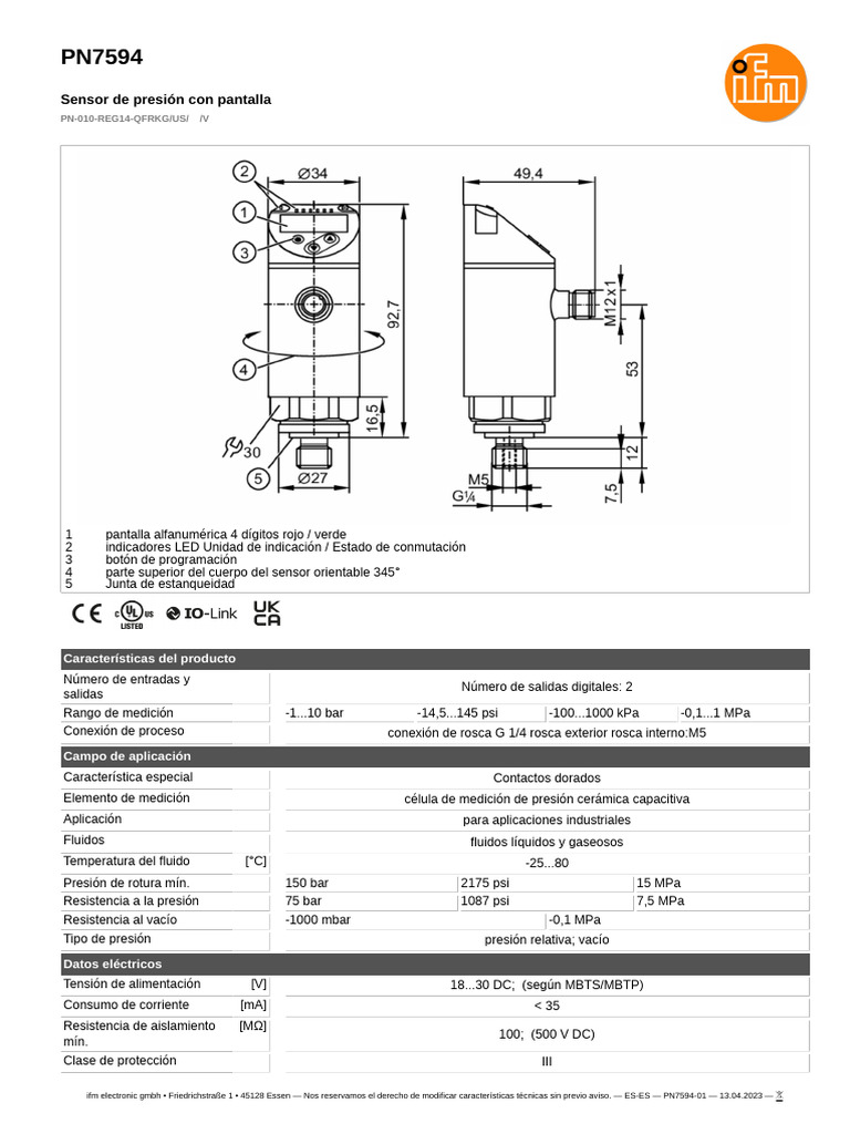 Sensor de presión PN7594 con pantalla | PDF | Presión | Pascal (Unidad)