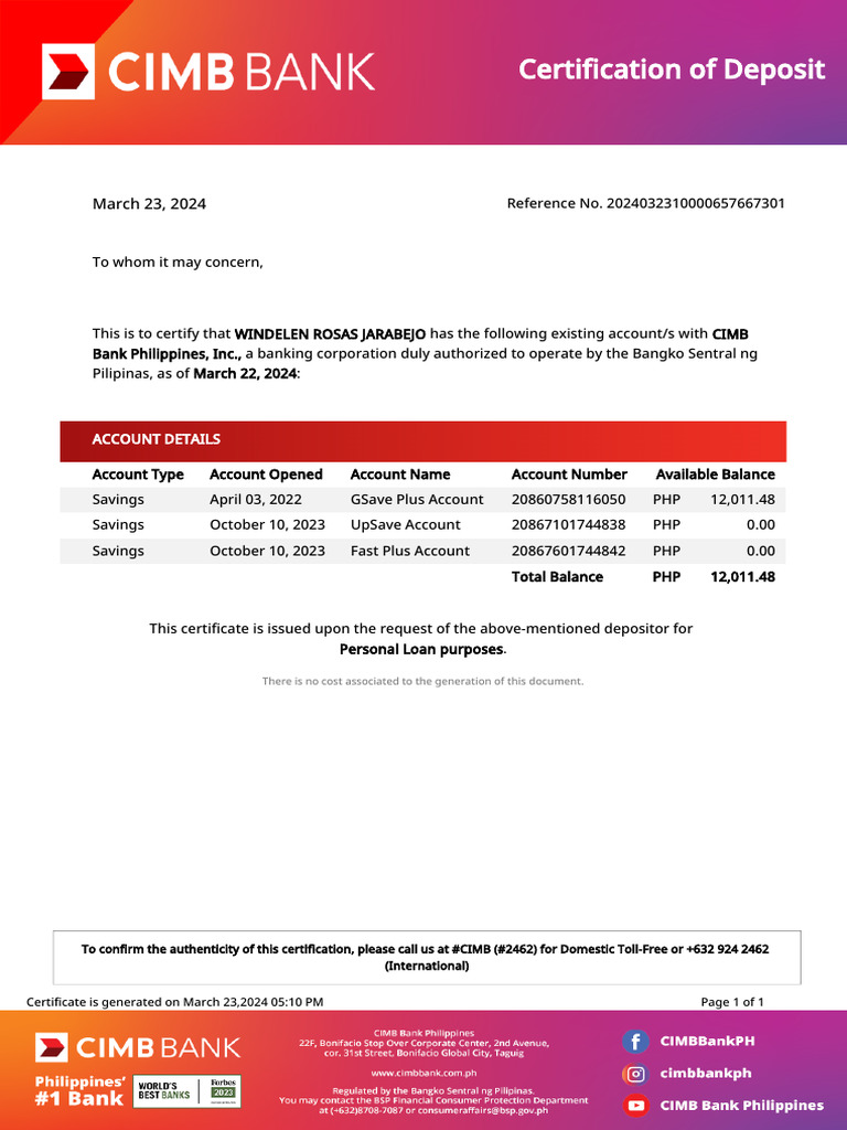 CIMB Bank Certification of Deposit | PDF