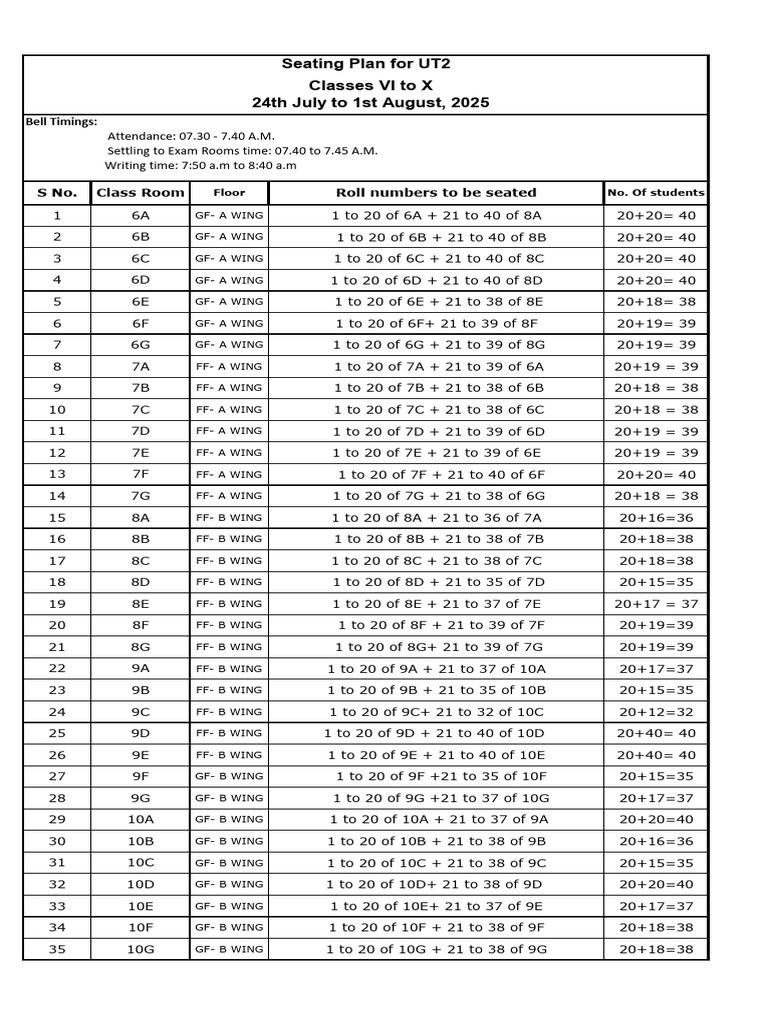 UT2 Seating Plan for Classes VI-X | PDF