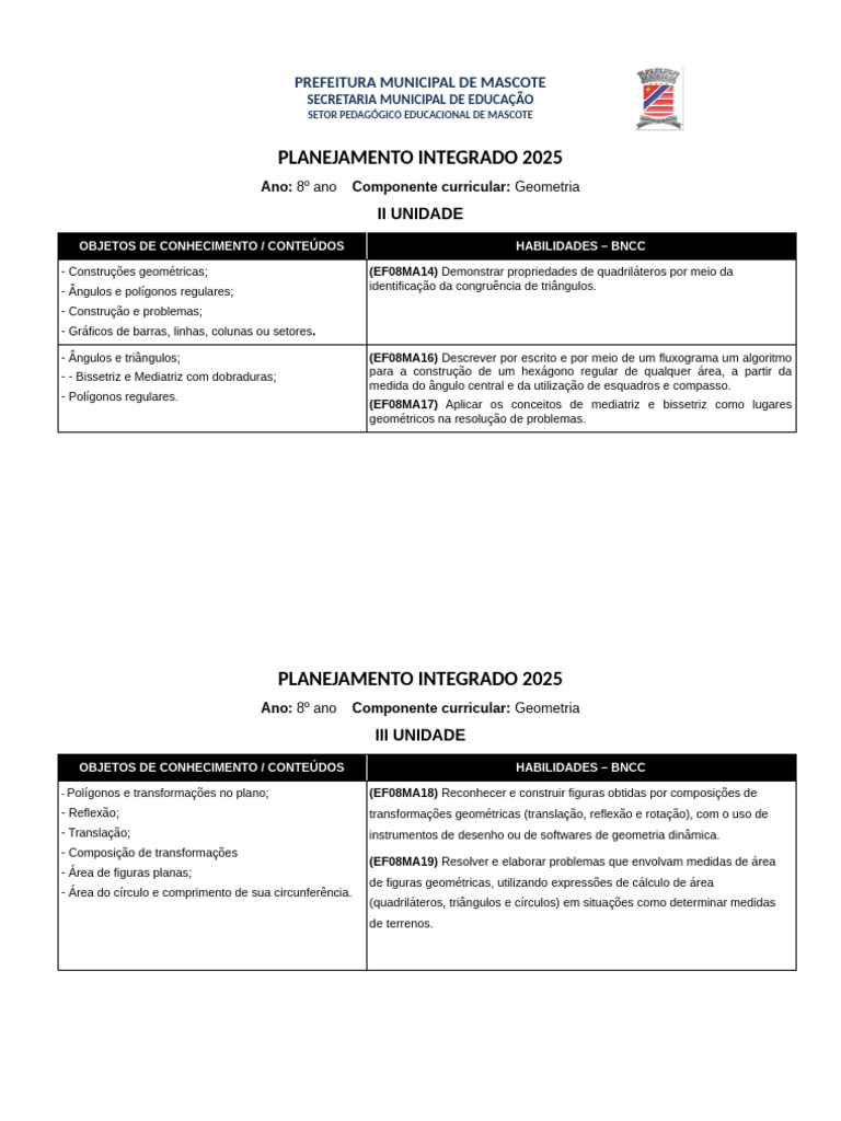 Planejamento Geometria 8º Ano 2025 | PDF | Geometria | Círculo