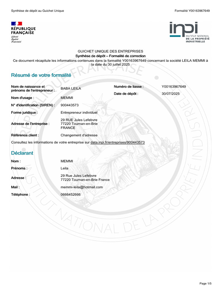 Changement d'adresse INPI pour LEILA MEMMI | PDF