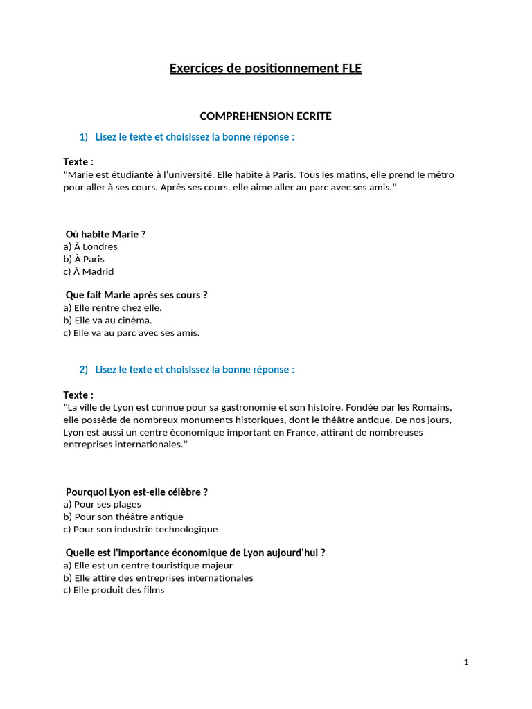 Exercices de Positionnement FLE | PDF | Économie