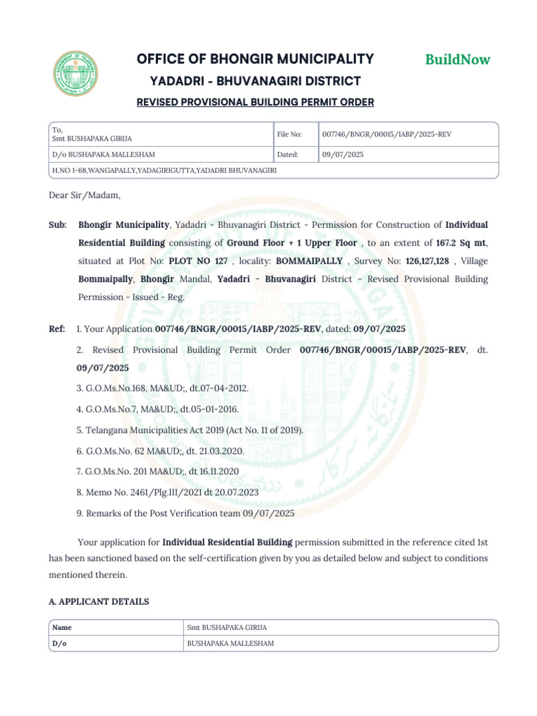 Bhongir Municipality Building Permit Order | PDF