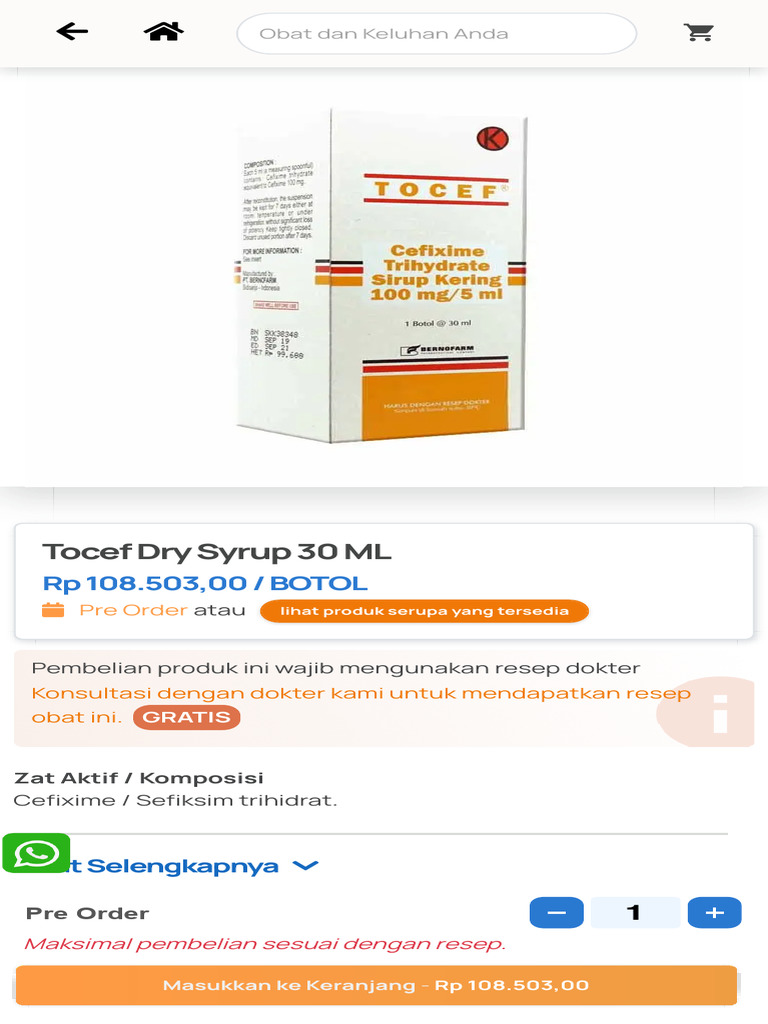 TOCEF DRY SYRUP 30 ML - Harga, Manfaat, Kandungan, Dosis, Indikasi ...
