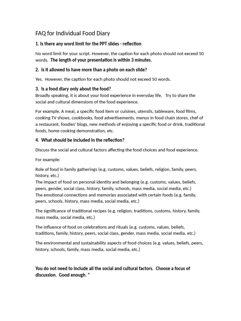 Individual Food Diary FAQ Guide | PDF