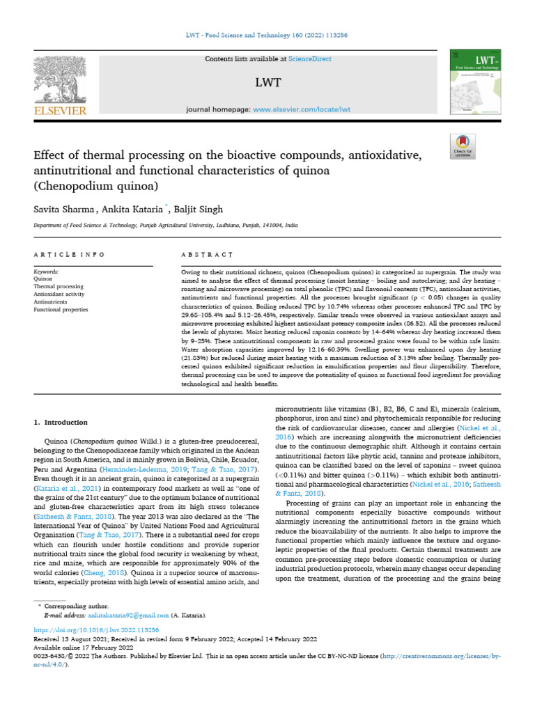 Effect of Thermal Processing On The Bioactive Compounds, Antioxidative ...
