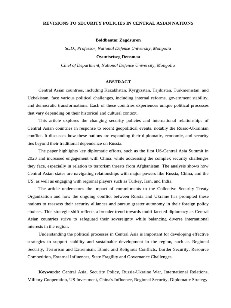 Central Asia's Evolving Security Policies | PDF | Central Asia | Tajikistan