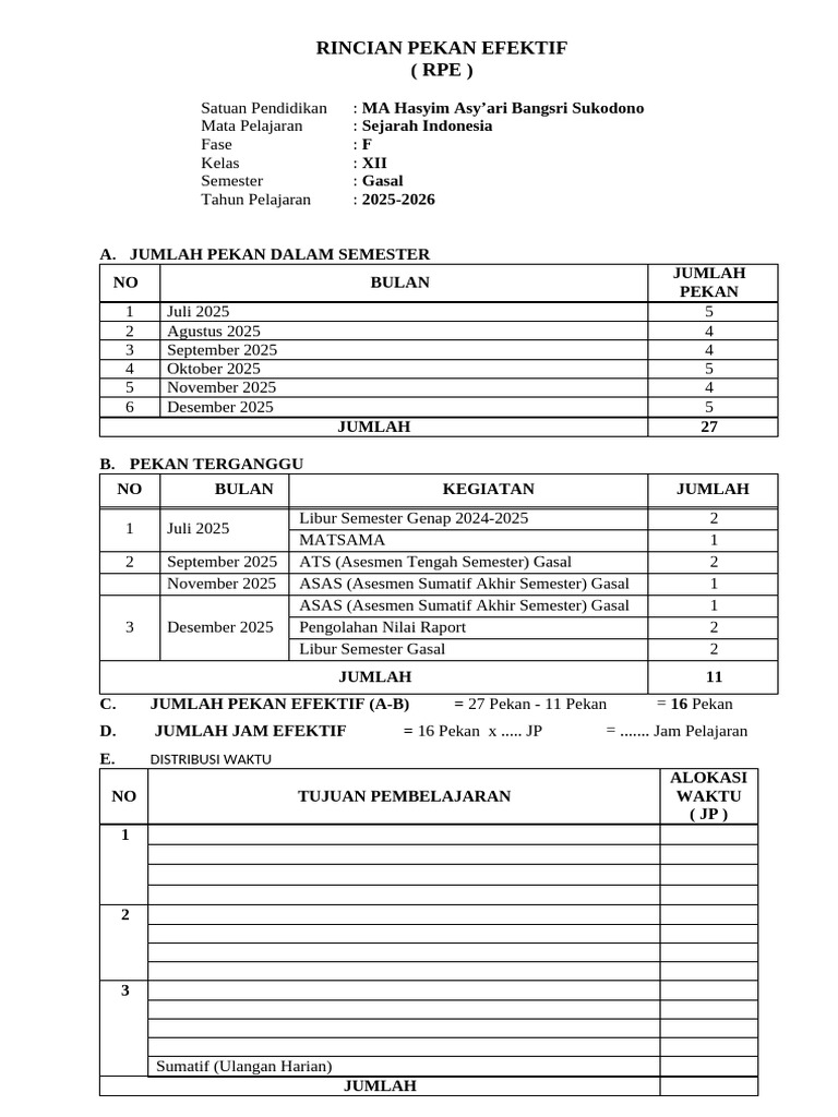 Rincian Pekan Efektif 2025-2026 | PDF