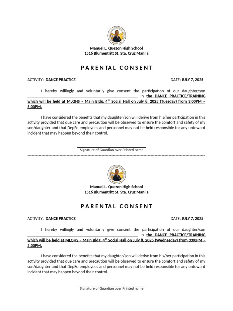 Parental Consent for Dance Practice | PDF