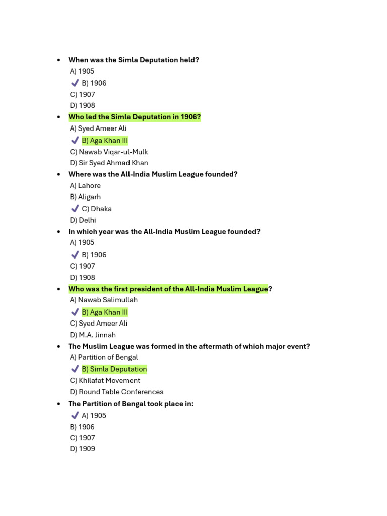 Key MCQs on Pakistan Movement History | PDF | All India Muslim League ...