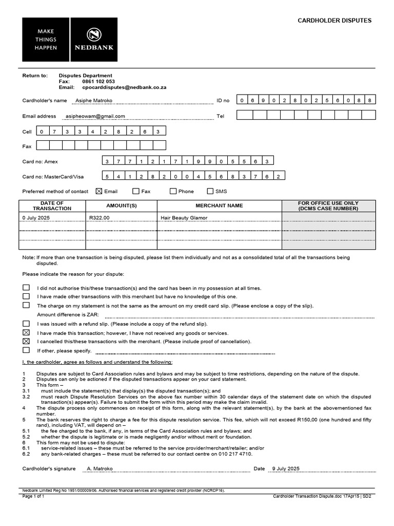 Cardholder Transaction Dispute - Request For Refund | PDF | Credit Card ...