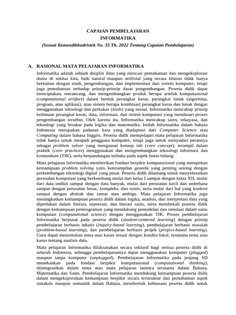 Capaian Pembelajaran Informatika 2022 | PDF