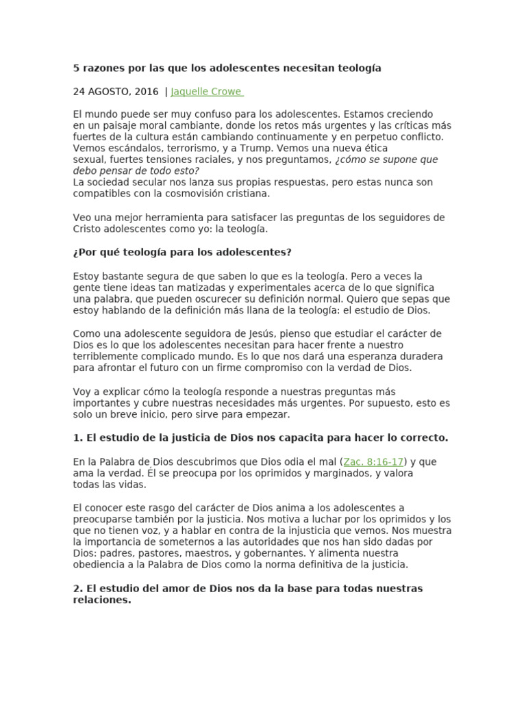5 Razones Por Las Que Los Adolescentes Necesitan Teología | PDF | Amor ...