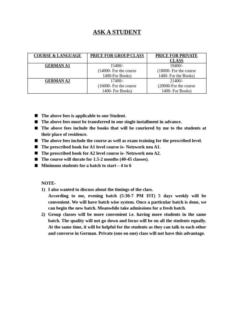 German Language Course Fees & Details | PDF