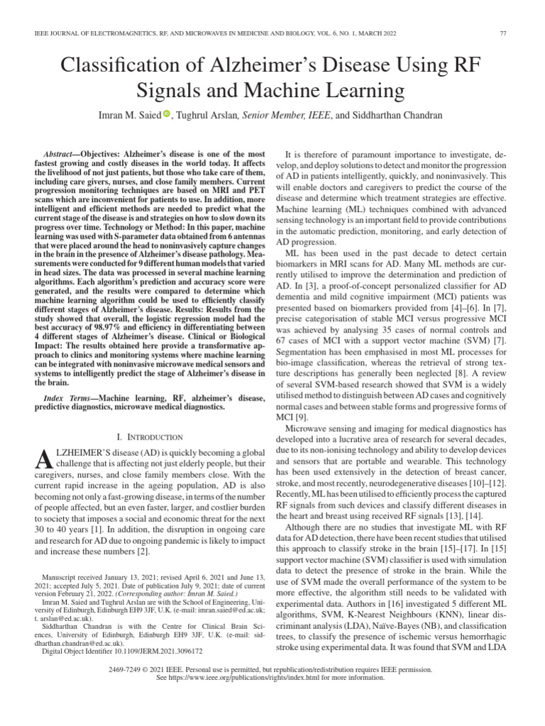 Alzheimer’s Disease RF Signal Classification | PDF | Machine Learning ...