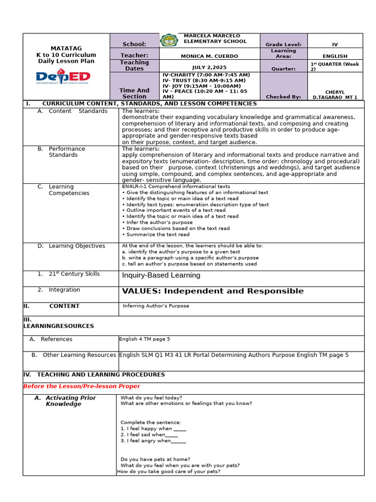Quarter 1 English Week 2 Day 3 | PDF | Reading Comprehension | Learning