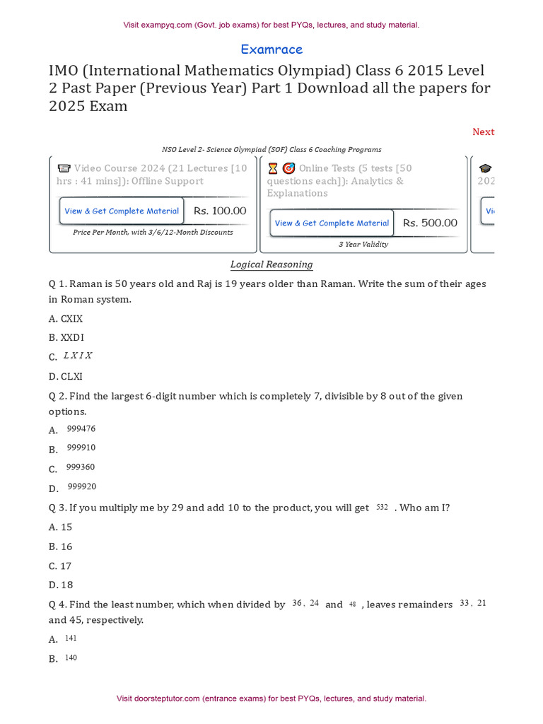 IMO Level 2 Class 6 Paper 2015 Part 1 | PDF | Rectangle