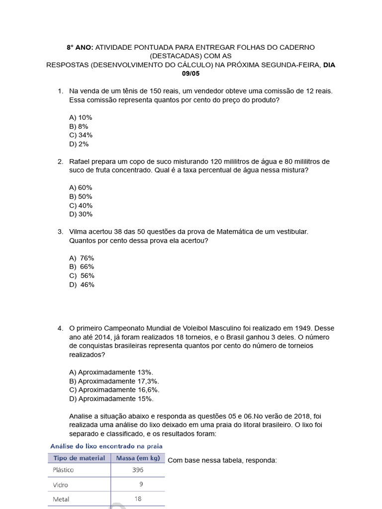8°s Anos - Atividade - Porcentagem | PDF