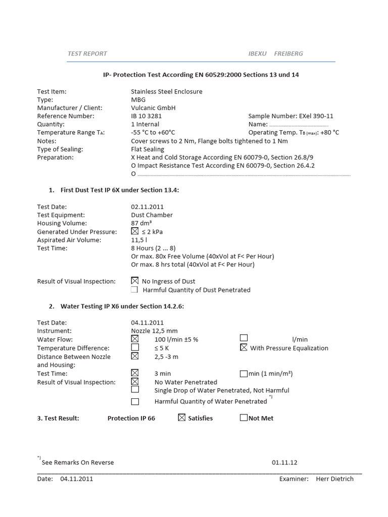 IP66 Protection Test Report for Enclosure | PDF