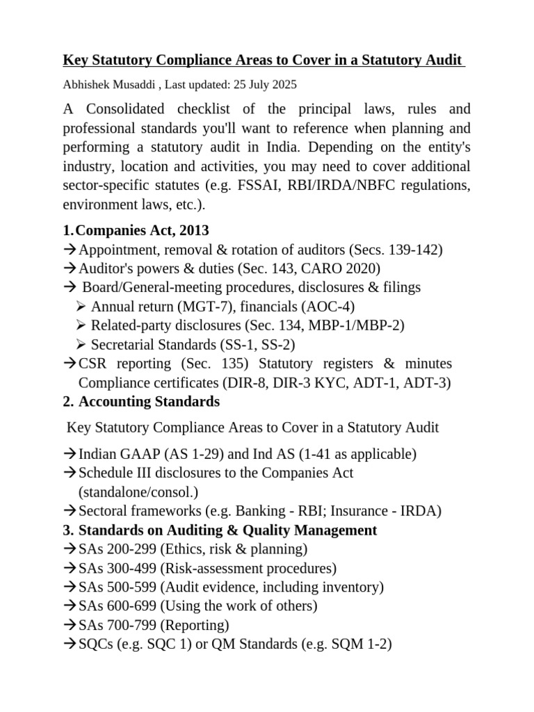 Statutory Audit Compliance Checklist | PDF | Audit | Regulatory Compliance