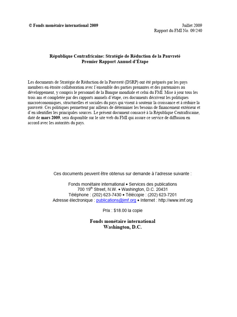 Rapport DSRP 2008-2010 RCA | PDF | Objectifs du millénaire pour le ...