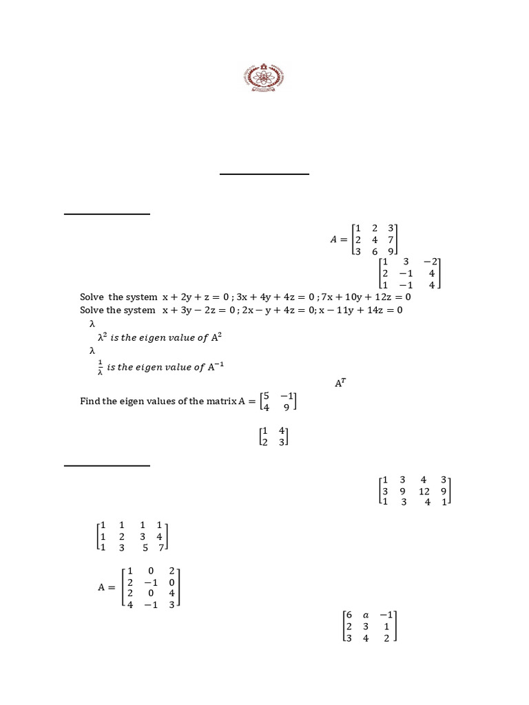 Mathematics I Semester Question Bank | PDF | Eigenvalues And ...