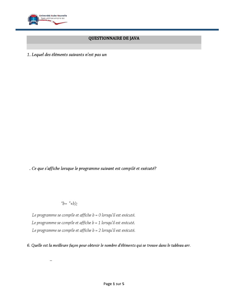 Questionnaire Java : Concepts et Exercices | PDF | Java (Langage de ...