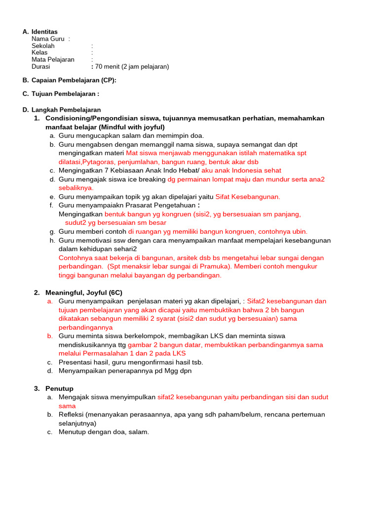 Contoh RPP 1 Lembar | PDF