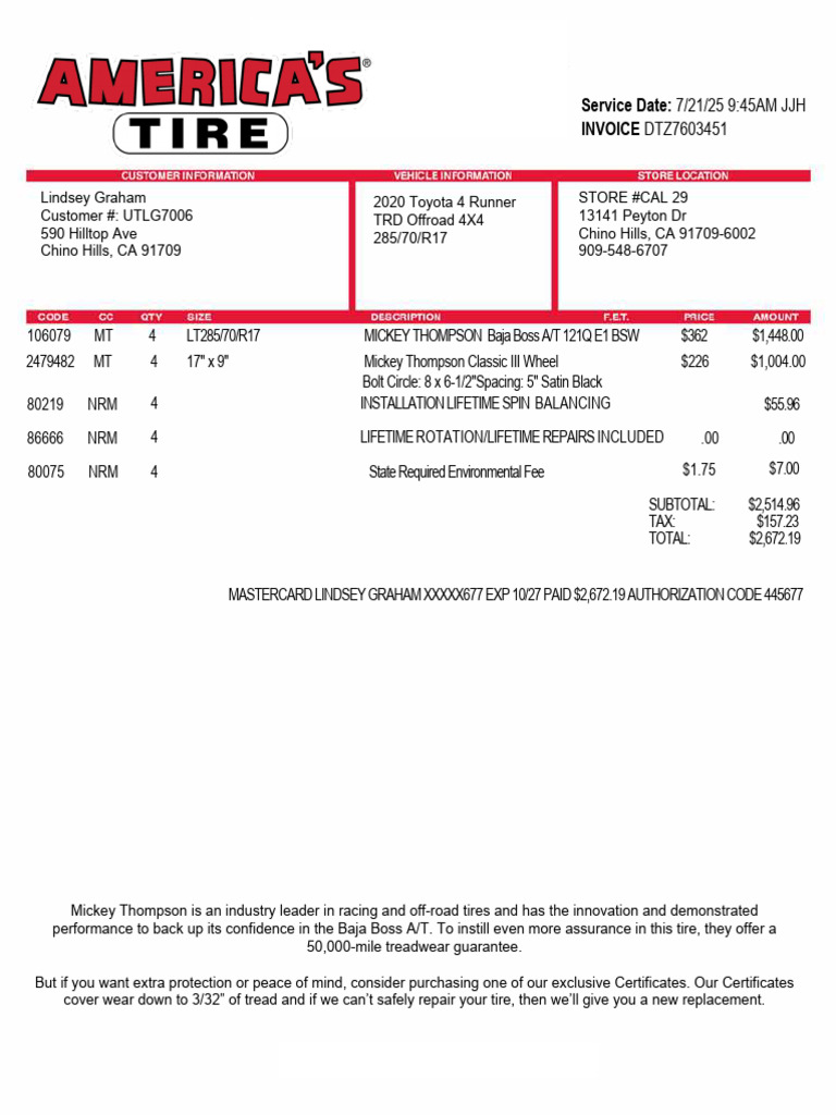 Les Schwab Tire Purchase Invoice | PDF