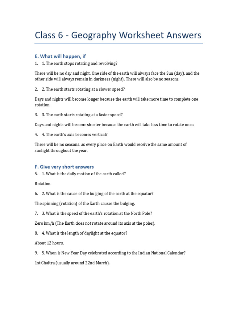 Earth Motions: Class 6 Worksheet Answers | PDF