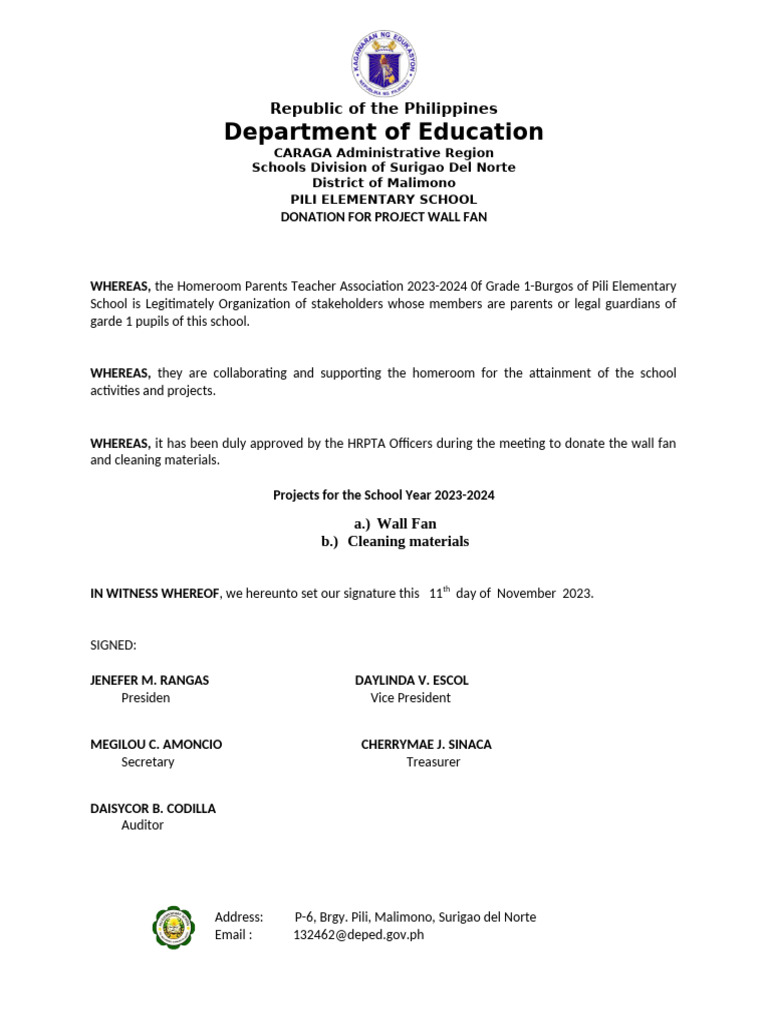 Donation for Pili Elementary School | PDF