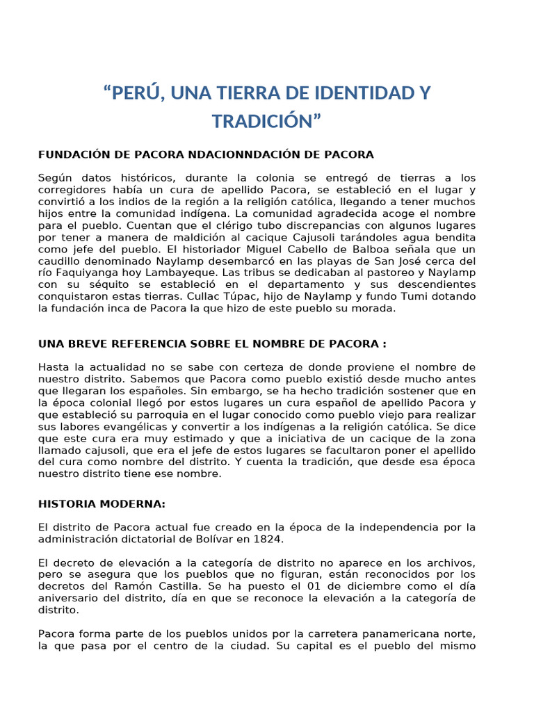 Historia y Tradición del Distrito de Pacora | PDF