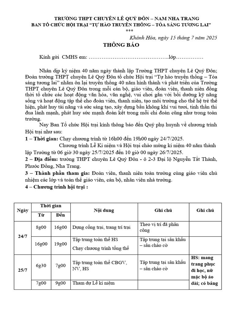 Thông Báo G I PHHS 25.7 | PDF