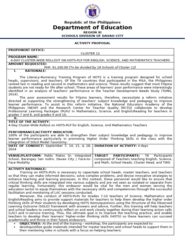 Activity Proposal On Cluster Wide Hots PLP | PDF | Learning | Teachers