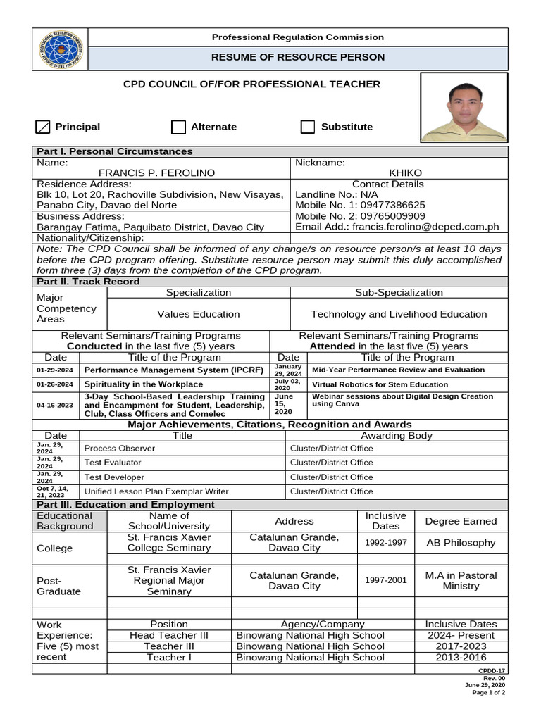 CPDD 17 1 Resource Person Francis Ferolino | PDF