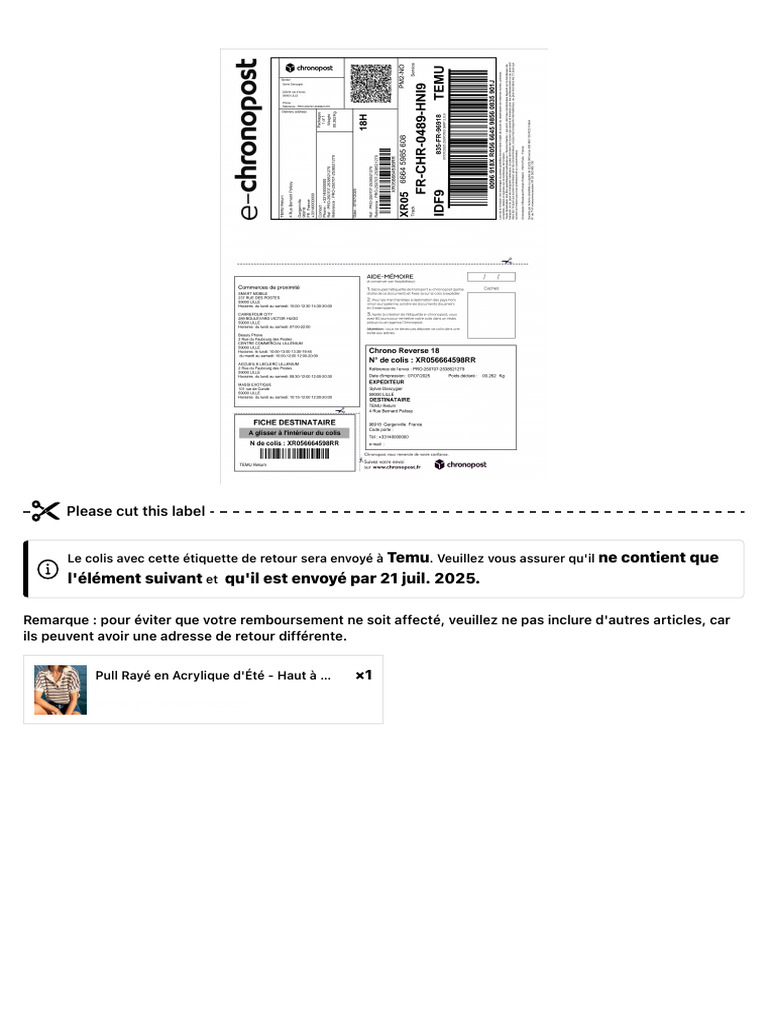Instructions de retour pour un pull Temu | PDF